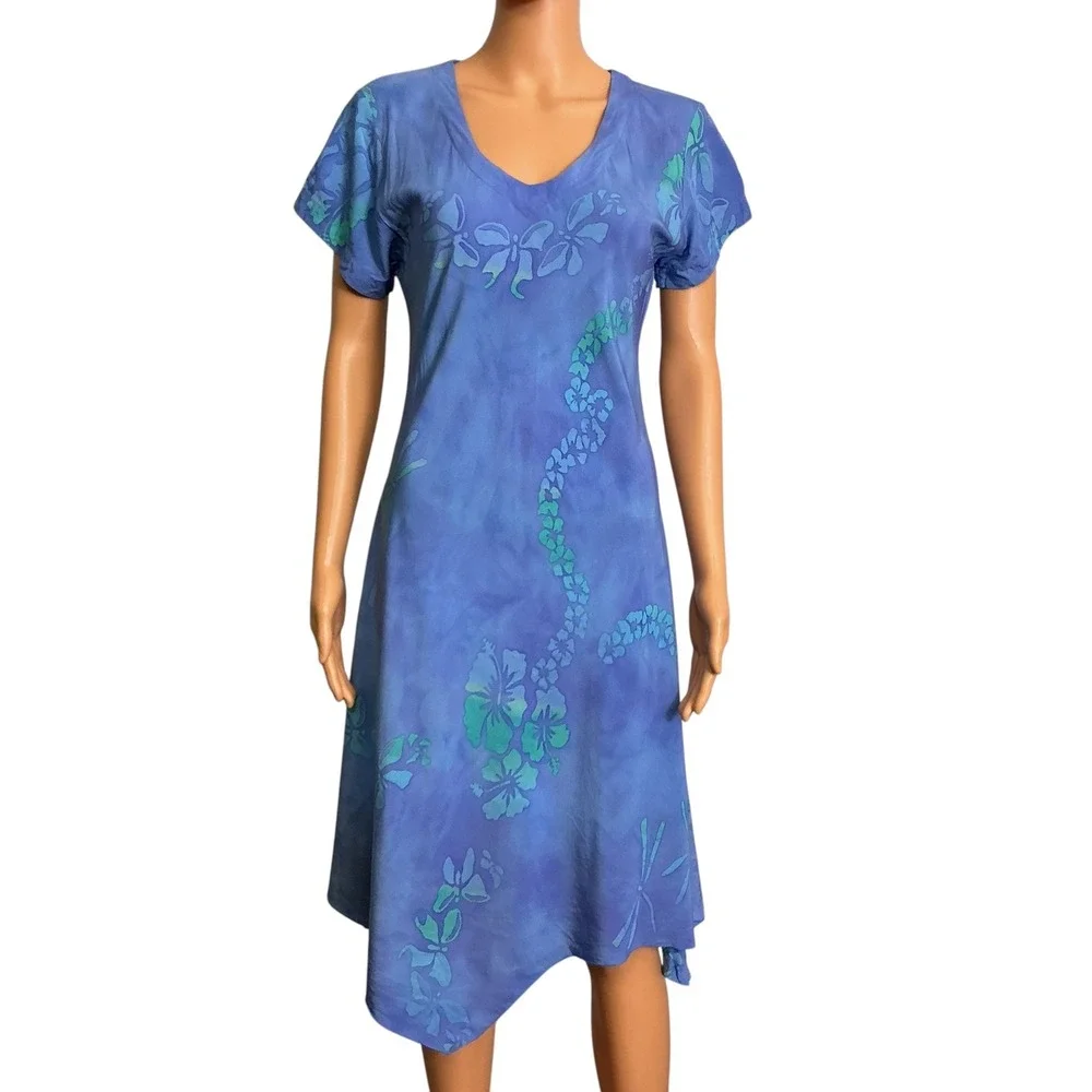 Tropical Tantrum Blue Hawaiian Floral Print Dress V Neck ShortSleeve Casual Mumu